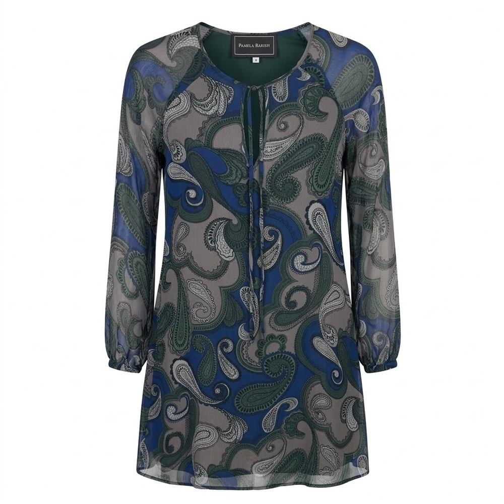 Pamela Barish Women's Size 4 Green Blue Paisley Sheer Silk Chiffon Dress - CJ